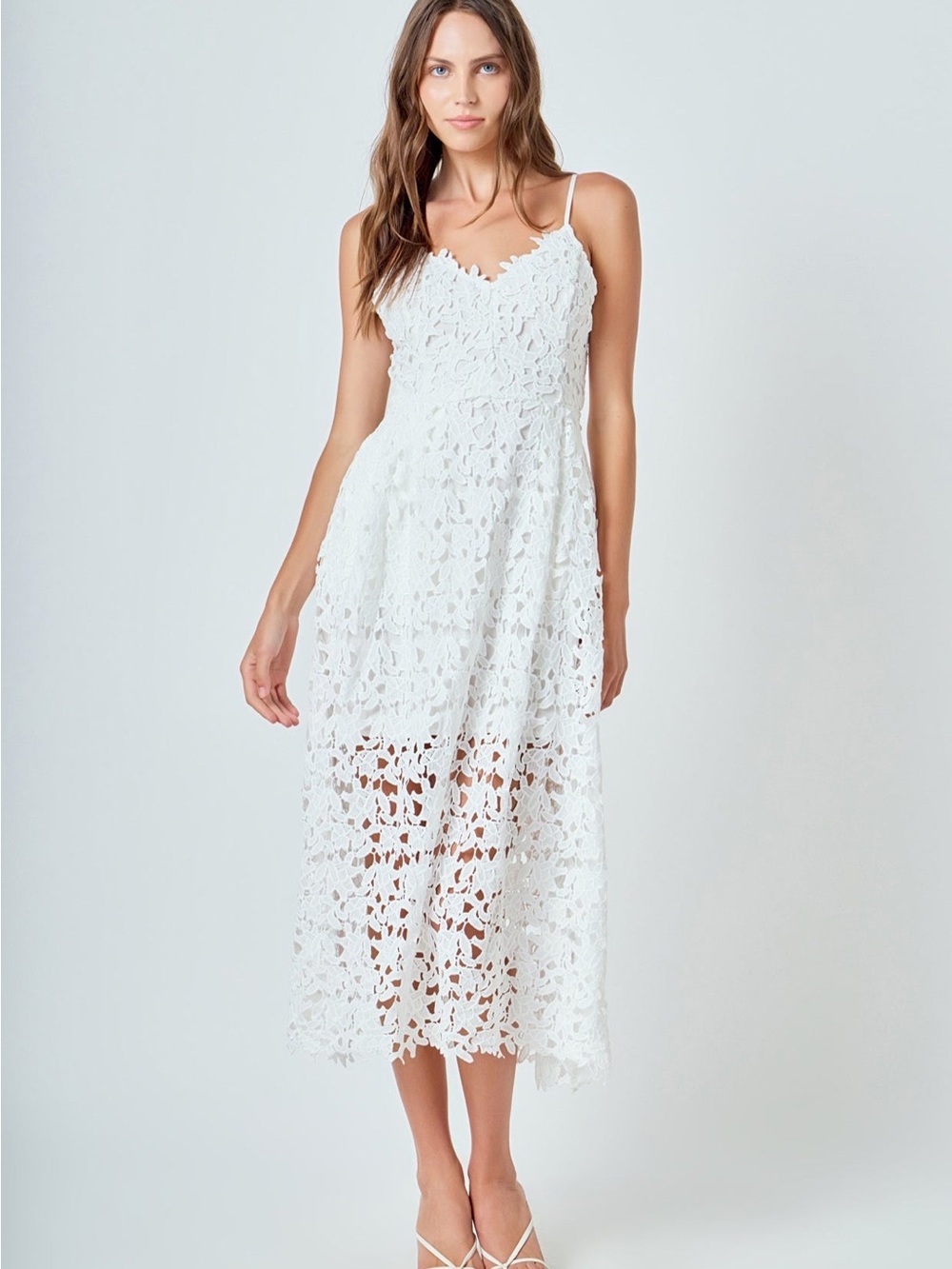 Endless Rose White Lace Midi Dress with Spaghetti Straps